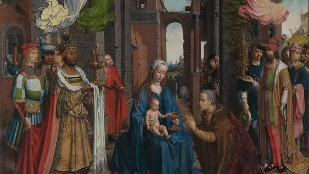 Medieval painting displaying Mary and the baby Jesus with lots of visitors