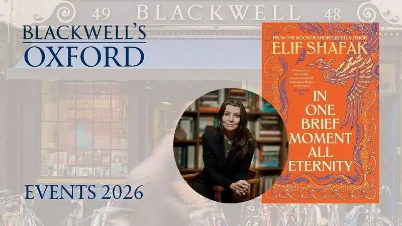 Orange book on righthand side of page with circular image of a female author in the middle on a background of Blackwells bookshop