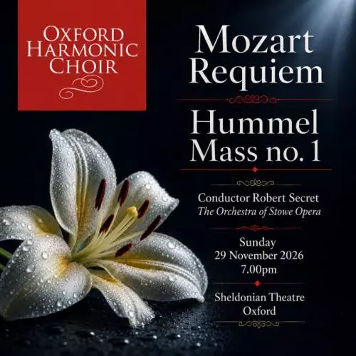 White flower in foreground with Oxford Harmonic Choi logo in red on black background