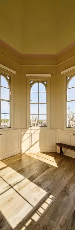 Inside the Sheldonian's Cupola, with a panoramic covered view of Oxford