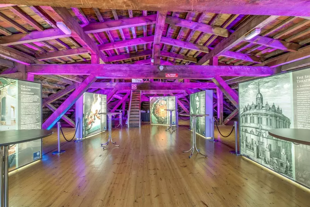 Photo of the Sheldonian attic room set up for a drinks reception